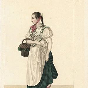 Servant girl of Basel, Switzerland, 19th century. She wears a tiny cap secured with a ribbon, and wears a polka dot fichu. Handcoloured copperplate engraving by Georges Jacques Gatine after an illustration by Louis Marie Lante from Costumes of