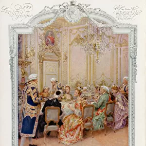 Serving the Marquise and her guests at dinner, 18th Century (colour litho)