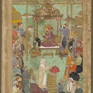 Shah Jahan enthroned with Mahabat Khan and a Shaykh, from the late Shah Jahan Album