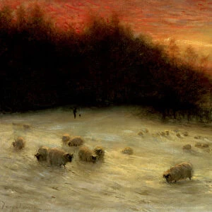 Sheep in a Winter Landscape, Evening (oil on canvas)