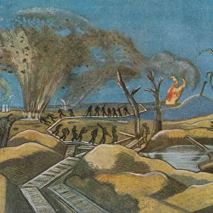 Shelling the Duckboards, from British Artists at the Front, Continuation of The Western Front, 1918 (colour litho)
