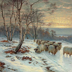 A shepherd with his flock in a winter landscape (oil on canvas)