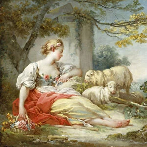 A Shepherdess Seated with Sheep and a Basket of Flowers Near a Ruin in a Wooded Landscape