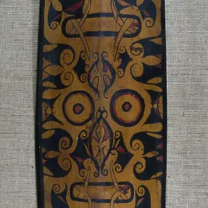 Shield painted with schematic representation of demon, from Borneo, Indonesia, 19th century