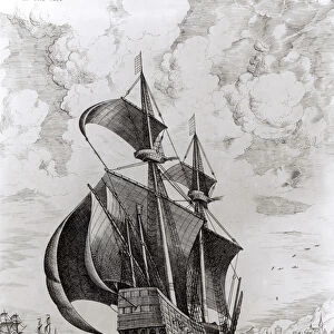 Ship, engraved by Hieronymus Cock (engraving) (b / w photo)