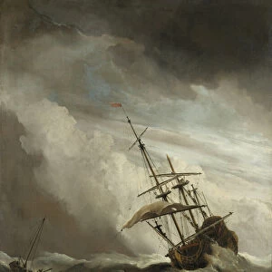A Ship on the High Seas caught by a Squall, known as the Gust, 1680 (oil
