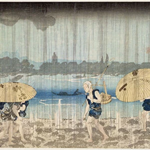 Shower on the Banks of the Sumida River at Ommaya Embankment in Edo, c