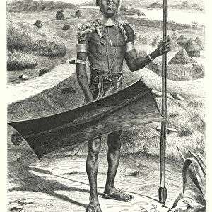 Shuli warrior fully equipped; village in background (engraving)