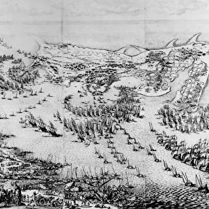 The Siege of the Citadel of Saint-Martin-de-Re in 1627, 1628-31 (engraving) (b / w photo)