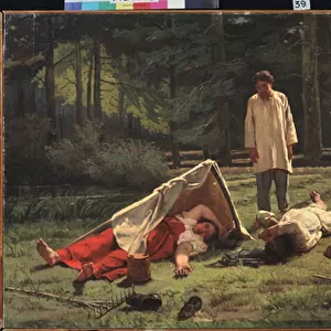 Sieste lors de la recolte de foin (Rest at the Hay Harvest) - Peinture de Firs Sergeevich Zhuraviev (1836-1901), huile sur toile, 1887, art russe, 19e siecle - Regional Art Gallery, Vologda (Russie)