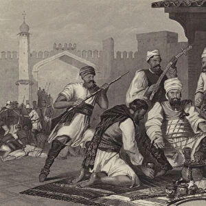 Sikh troops dividing the spoils taken from mutineers (engraving)
