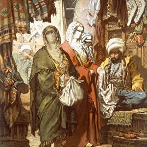 The Silk Bazaar, 1865 (colour litho)