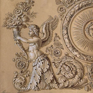 Silverwork design depicting a cherub with acanthus leaves, c