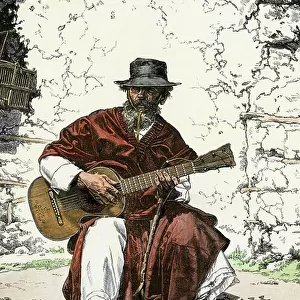 Singer gaucho (herd keeper) in Argentina or cow boy guitarist of the pampa, 19th century. Colour engraving of the 19th century. Argentinian " gaucho cantor, " or cowboy guitar-player of the pampas, 1800s