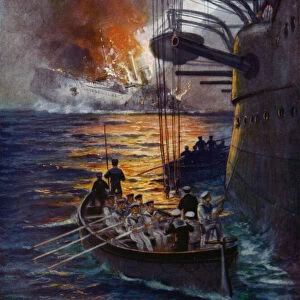 The sinking of the Leipzig (colour litho)