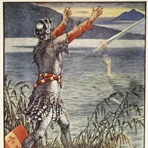 Sir Bedivere casts the sword Excalibur into the Lake, from
