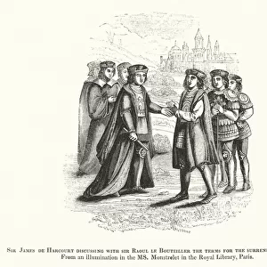 Sir James de Harcourt discussing with Sir Raoul le Bouteiller the terms for the surrender of Crotoy (engraving)
