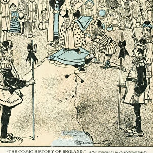 Sir Walter Raleigh laying down his cloak for Queen Elizabeth I to enable her to avoid a puddle (colour litho)