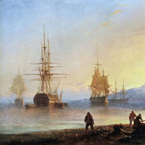 Sisters and ships in the Mediterranean. Painting by Francois Pierre BARRY (1813-1905). Oil on canvas. Dim: 29, 5x46cm. Mandatory mention: Collection fondation regards de Provence, Marseille