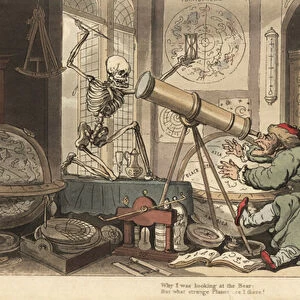 The skeleton of Death appears before the telescope of the old astronomer, causing him to fall out of his chair. Handcoloured copperplate drawn and engraved by Thomas Rowlandson from The English Dance of Death, Ackermann, London, 1816