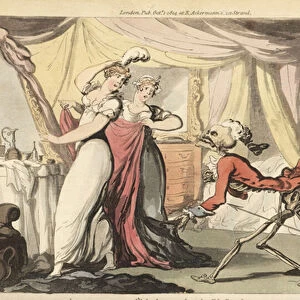 The skeleton of Death with his hourglass comes for a beautiful coquette in her bedroom as is dressed for a ball by her servants. Death is dressed in frock coat and wig like a suitor