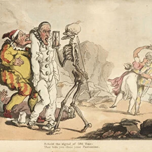 The skeleton of Death with hourglass and dart comes for a Pierrot and other clowns, while a harlequin dances with a woman on a beach. Handcoloured copperplate drawn and engraved by Thomas Rowlandson from The English Dance of Death, Ackermann, London
