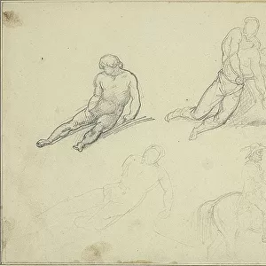 Sketches: Reclining Nude, Man Supporting the Body of, 1818-1819 (graphite, on cream wove paper, perimeter mounted on cream wove paper)