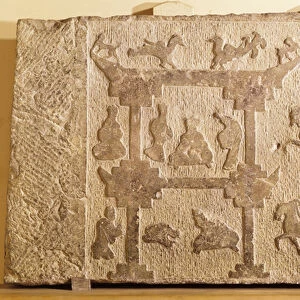 Slab decorated with carriages and mythical birds, Han Dynasty (206 BC-AD 220) (sandstone)