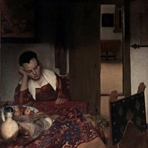 A Sleeping Girl - Painting by Johannes Vermeer (Vermeer de Delft) (1632-1675)