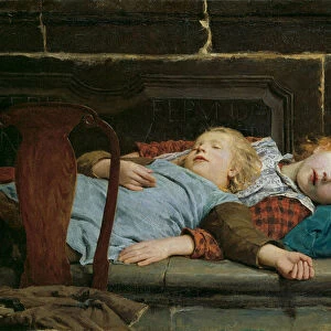 Two sleeping girls on the stove bench by Anker, Albert (1831-1910). Oil on canvas, 1895, Dimension : 55, 5x71, 5. Kunsthaus Zuerich