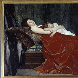 Sleeping Woman and child sleeping. Painting by Alphonse Lecadre (1842-1875) 1872 Nantes