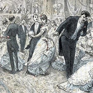 Societe et mondanites: le bal vers 1880 (High society and social life: the ball) engraving from " Les besoins de la vie" by Rengade, 1887 Collection privee