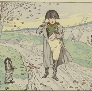 The soldiers of the Old Guard trained their dogs to salute the Emperor, who returned their salutes, 1805 (colour litho)