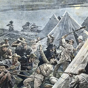 South Africa. Second Boer War. Attack to the English camp of Tweefontein (1902). Illustration by Achille Beltrame. Engraving