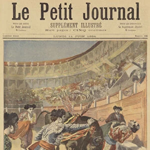 Spanish bullfighter El Espartero killed by a bull in Madrid (colour litho)
