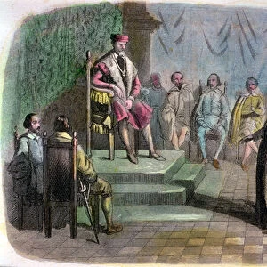 The Spanish State Council in 1518. Brother Juan de Quevedo (d. 1519) and Bartolome de Las Casas (1474-1566) defending the cause of the Indians before Charles V (1500-58) (coloured engraving)