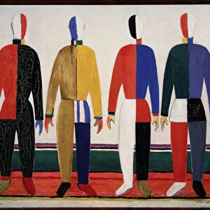 Sportifs (Sportsmen). Qatre hommes portrant des tenues de sport tres colorees. Peinture de Kasimir Severinovich Malevitch (Malevich, Malevic) (1878-1935), huile sur toile, 1928-1932. Art russe, avant garde, 20e siecle, suprematisme, constructivisme