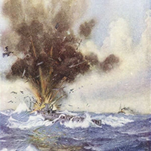 Squadron Leader Arthur Bigsworth attacks with bombs a German submarine, which fills and sinks off Ostend, Belgium, 26 August 1915 (colour litho)