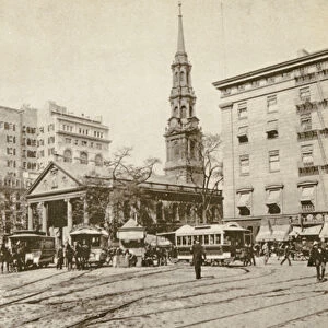 St Pauls Chapel and the Astor House, off City Hall Park, New York City, 1892 (litho)