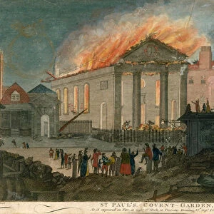 St Pauls Church, Covent Garden, London, as it appeared on fire at 8 o clock on the evening of 17 September 1795 (coloured engraving)
