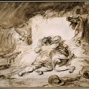 The stable A couple embraces on a haystack. Drawing in the wash by Jean Honore Fragonard