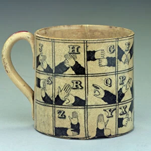 Staffordshire mug depicting the alphabet in sign language, c. 1820 (earthenware)