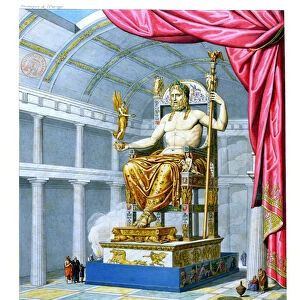 Statue of Olympian Zeus on his throne inside his temple at Olympus, 1814 (colour litho)