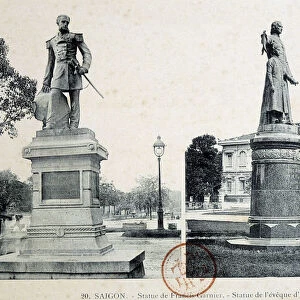 Statue of Rigault of Genouilly and of the eveque of Adran in Saigon, "Saigon and its surroundings", by Dieulefils, c. 1900