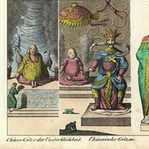 Statues of the Chinese Immortals, with faithful offering and greeting them kneeling, circa 1800. Lithography for the book: " Galerie complete en tableaux fideles des peuples d'Asie" by Friedrich Wilhelm Goedsche (1785-1863)