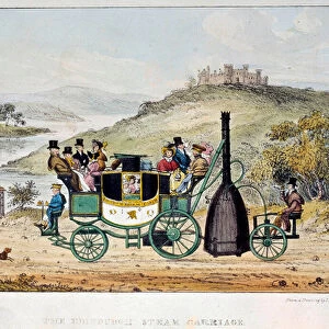 Steam diligence model linking Glasgow to Edinburgh, Scotland and invented by John Scott Russell around 1834. Engraving of the 19th century