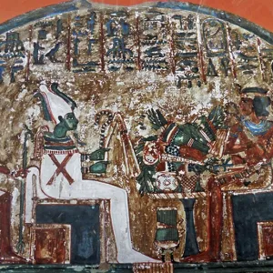 Stele Irynefer: Top level:The gods Anubis and Osiris enthroned facing Ahmose Nefertari and Amenhotep first deified: Reign of Seti I and Ramses II to 1290-1220 BC Stele Irynefer: Top level:The gods Anubis and Osiris enthroned facing Ahmose Nefertari and Amenhotep first deified: Reign of Seti I and Ramses II to 1290-1220 BC
