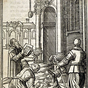 Stone cuters working on the construction of a cathedral - engraving, 16th century