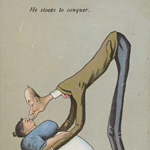 He Stoops To Conquer - tall man kissing short woman (colour litho)