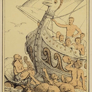 Stories from Lucian: Strange folk riding on fish (colour litho)